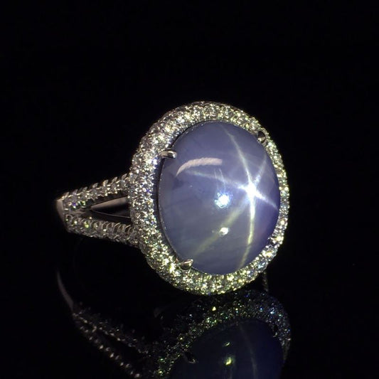 Star Sapphire and Diamond Halo Ring