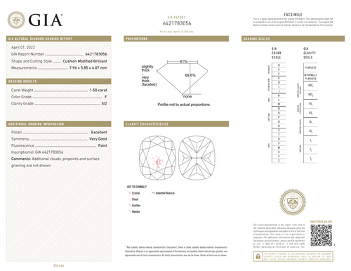 1.50CT CUSHION F-SI2 GIA EX / V.G.