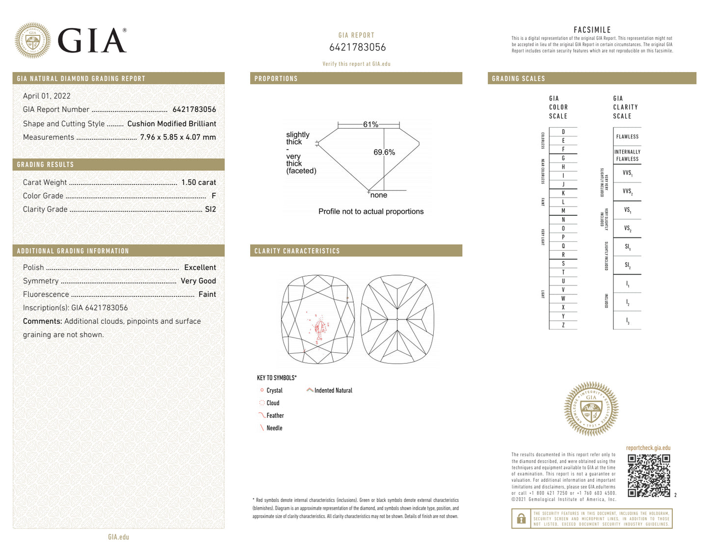 1.50CT CUSHION F-SI2 GIA EX / V.G.