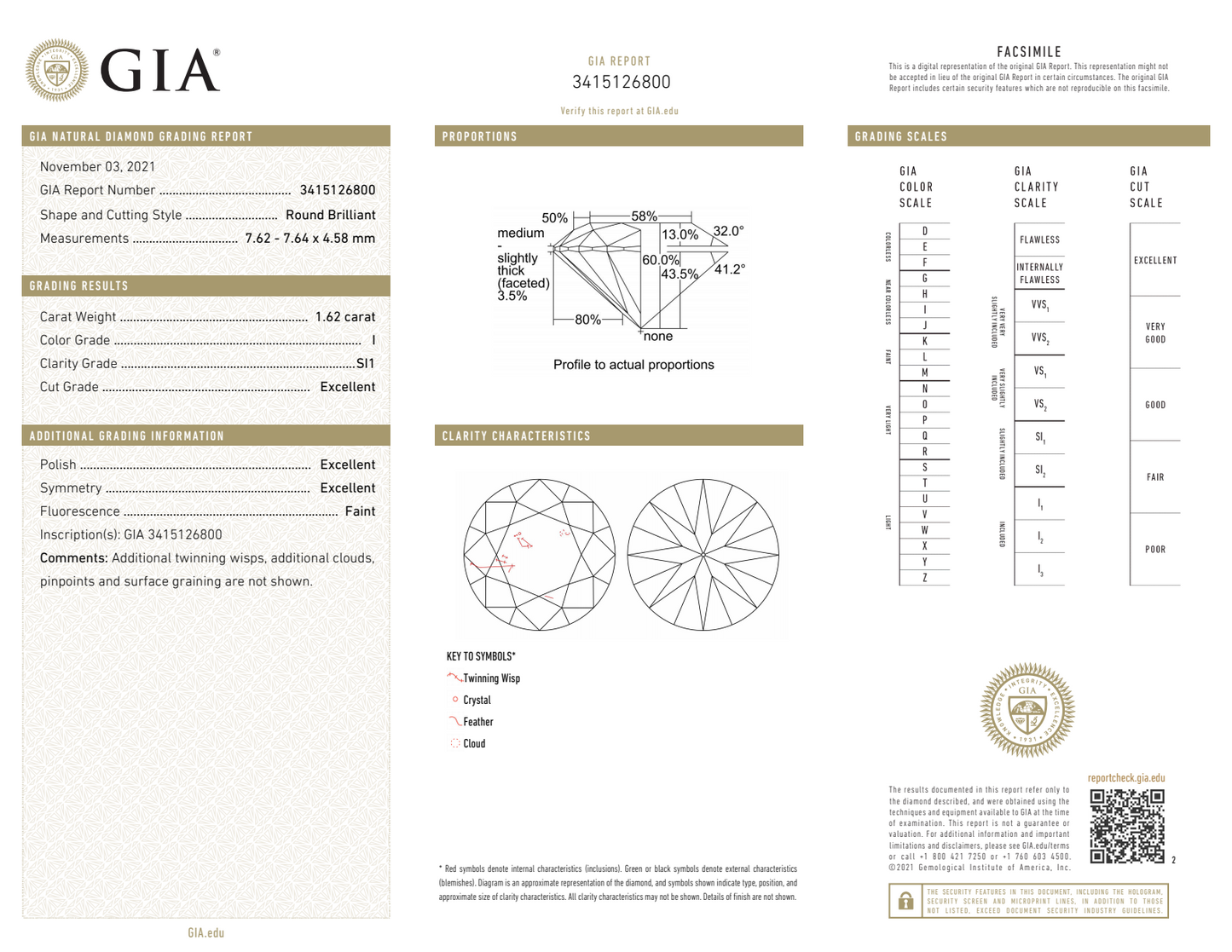 1.62CT BRILLIANT I-SI1 GIA EX / EX / EX