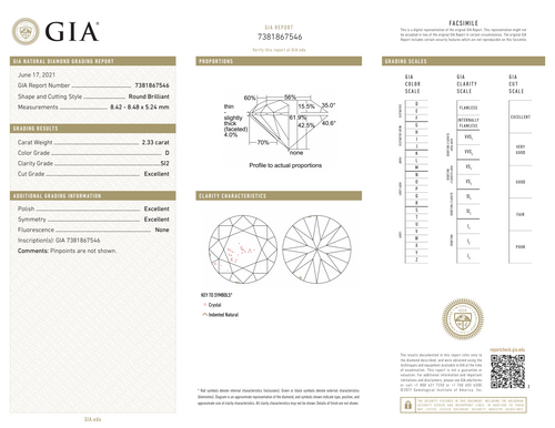 2.33CT BRILLIANT D-SI2 GIA EX / EX / EX