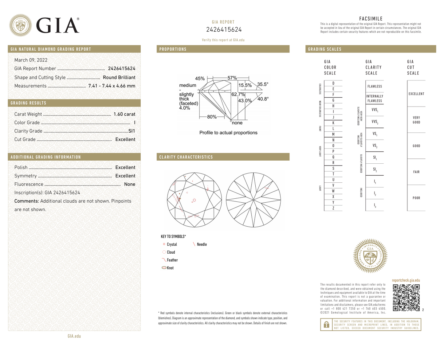 1.60CT BRILLIANT I-SI1 GIA EX / EX / EX