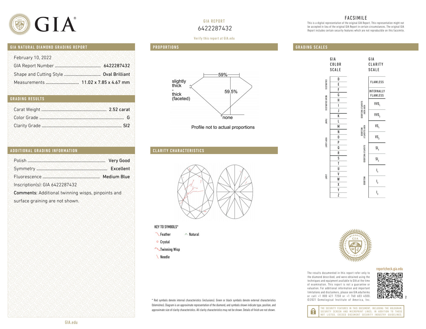 2.52CT OVAL G-SI2 GIA V.G. / EX