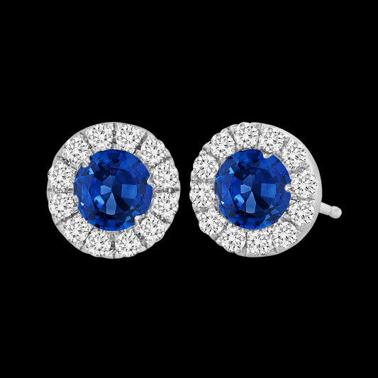 Blue Sapphire and Diamond Halo Stud Earrings