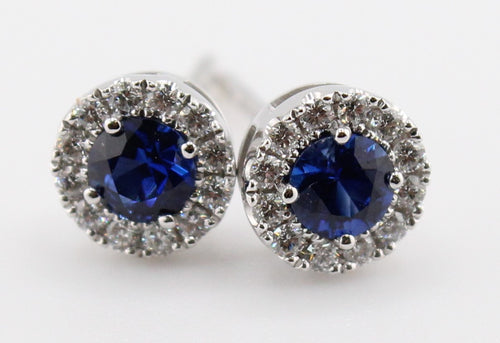 Blue Sapphire and Diamond Halo Stud Earrings