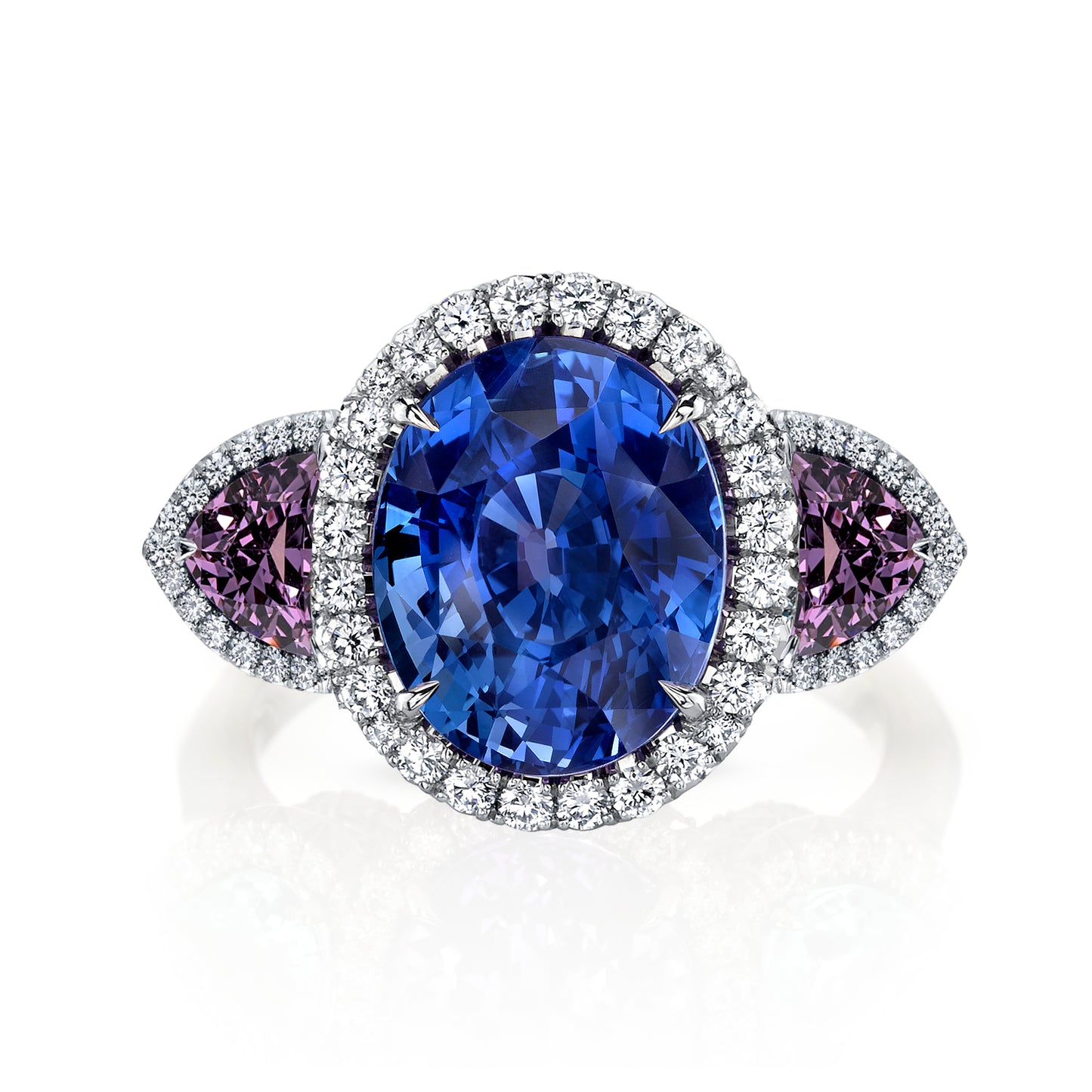 Ceylon Blue Sapphire and Violet Spinel Ring with Diamond Halos