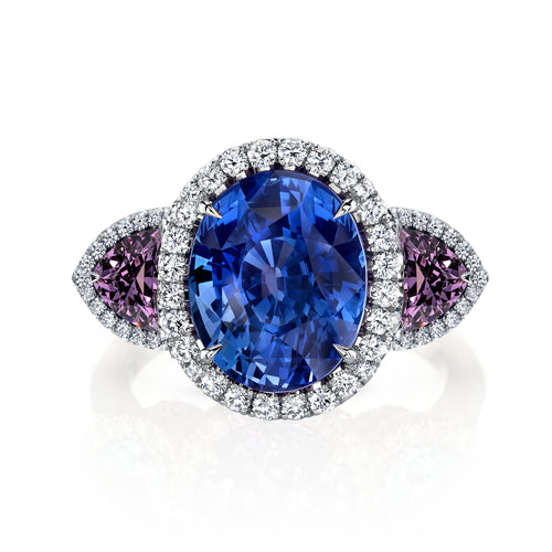 Ceylon Blue Sapphire and Violet Spinel Ring with Diamond Halos