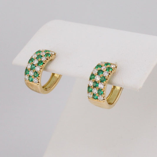 Emerald and Diamond Checkerboard  Huggie Earrings