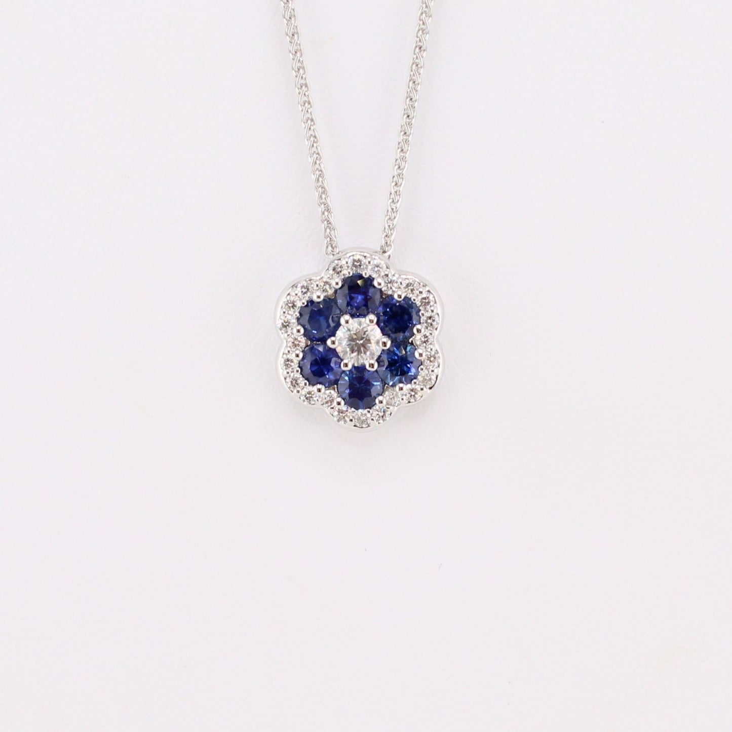 Blue Sapphire & Diamond Flower Pendant