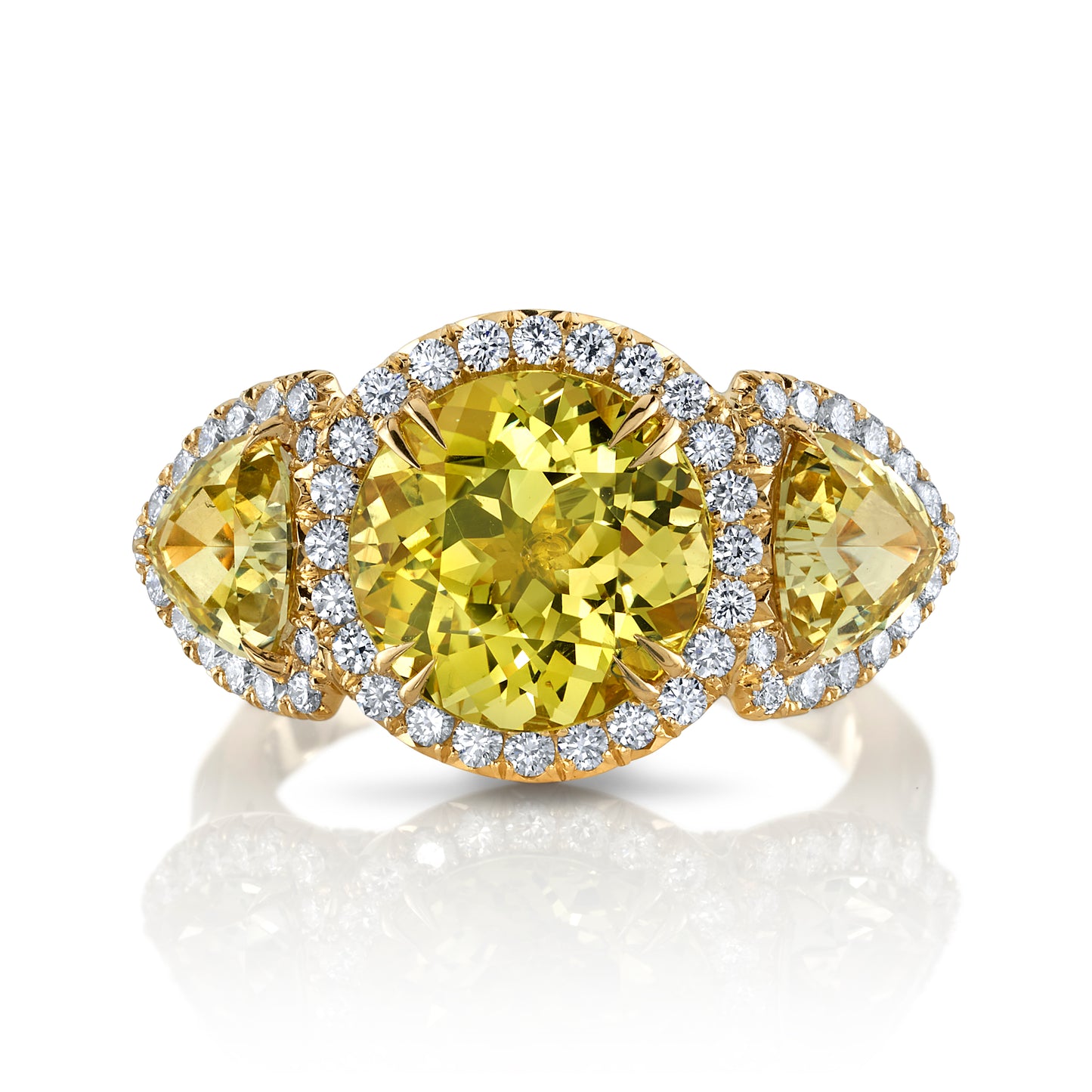 Three-Stone Chrysoberyl Ring with Diamond Halos