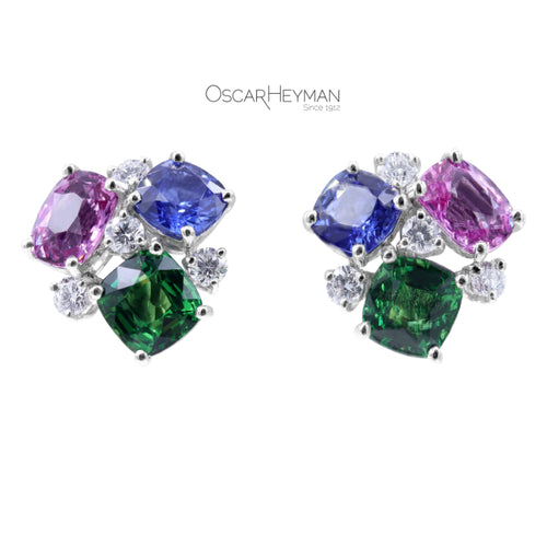 Platinum Cushion Tsavorite Pink and Blue Sapphire and Round Diamond Earring