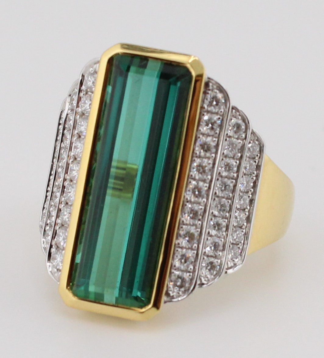 Green Tourmaline  Ring with Diamond Accented Sides