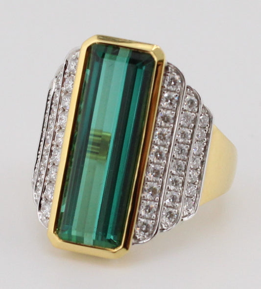 Green Tourmaline  Ring with Diamond Accented Sides