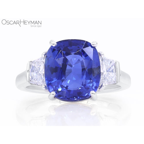 Platinum Ceylon Cushion Sapphire and Trapezoid Diamond Ring