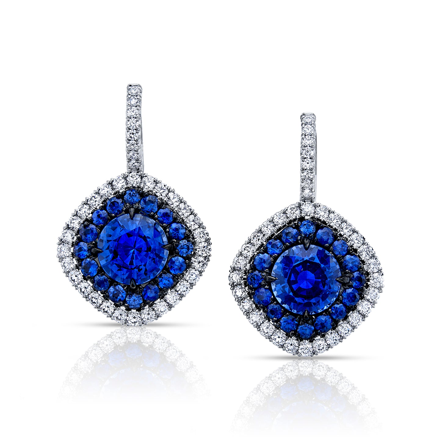 Duet Collection Blue Sapphire & Diamond Earrings with Double Halo