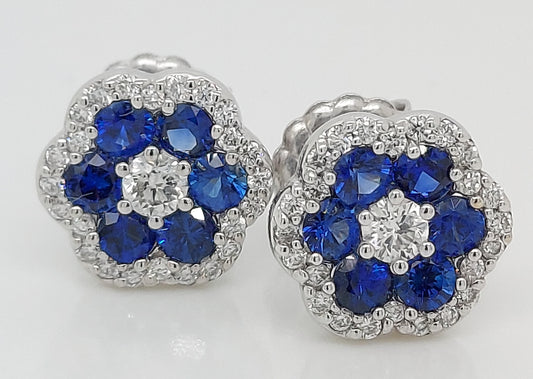 Blue Sapphire and Diamond Flower Earrings