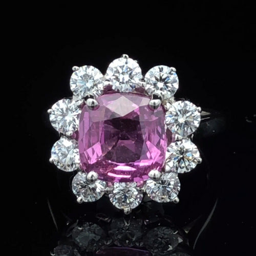 Certified Non-Heat Treated Pink Sapphire Ring with Round Diamond Halo