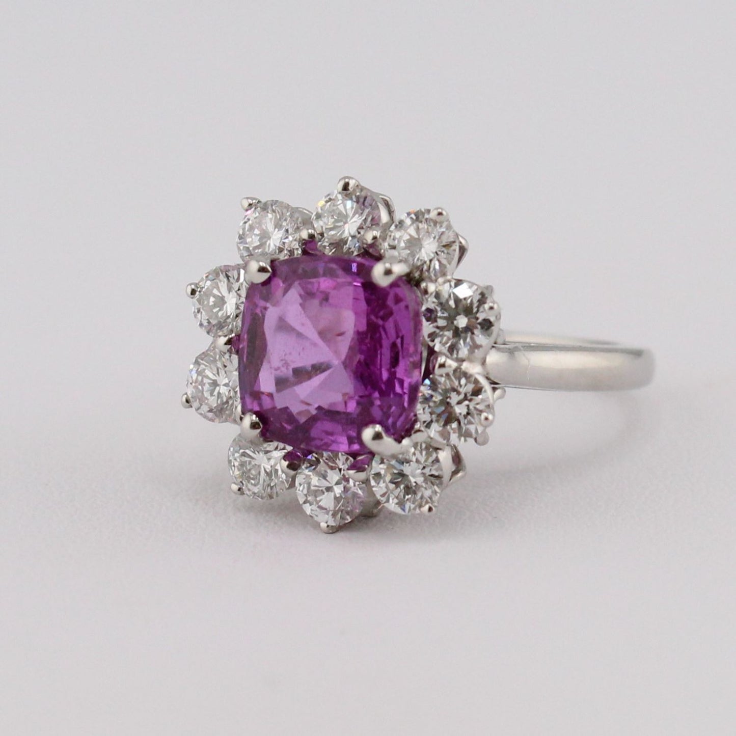 Certified Non-Heat Treated Pink Sapphire Ring with Round Diamond Halo