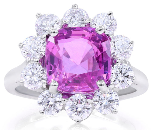 Certified Non-Heat Treated Pink Sapphire Ring with Round Diamond Halo