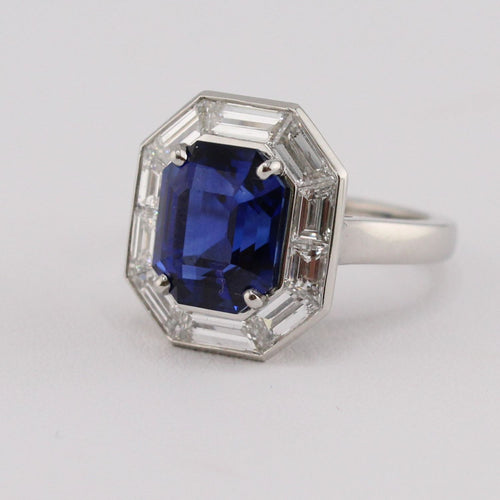 Certified Sri Lankan Royal Blue Sapphire Ring with Bezel Finish Trapezoid Cut Diamond Halo