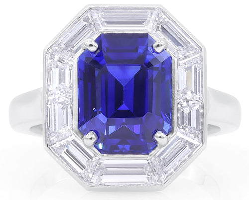 Certified Sri Lankan Royal Blue Sapphire Ring with Bezel Finish Trapezoid Cut Diamond Halo