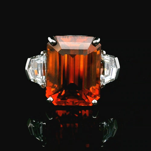 Certified Vivid Orange Sapphire Ring with Epaulette Cut Diamond Sides