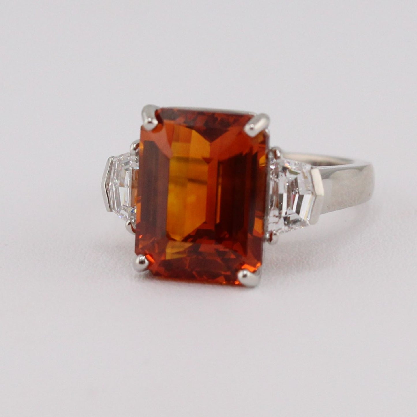 Certified Vivid Orange Sapphire Ring with Epaulette Cut Diamond Sides