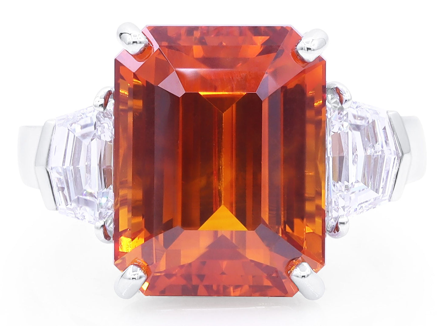 Certified Vivid Orange Sapphire Ring with Epaulette Cut Diamond Sides