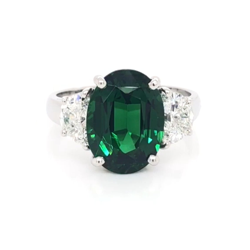 Certified East African Vivid Green Tsavorite Garnet Ring with Halfmoon Cut Diamond Sides