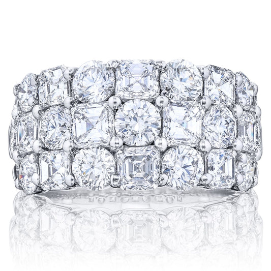 Three-Row Square Emerald and Round Cut Wide Diamond Band