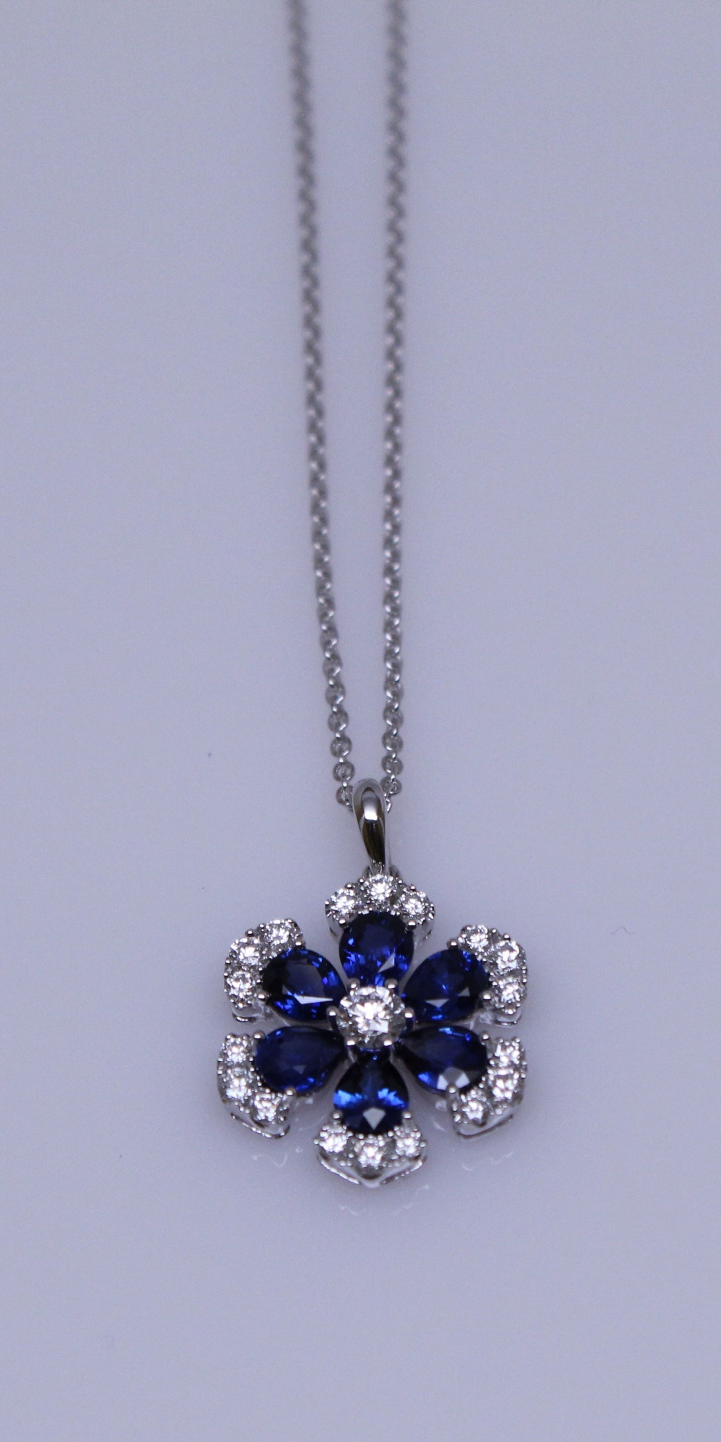 Blue Sapphire and Diamond Flower Pendant