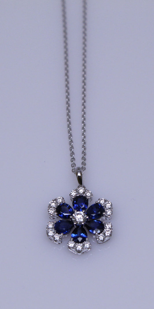 Blue Sapphire and Diamond Flower Pendant