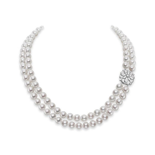 Classic Collection Double Strand Akoya Cultured Pearls with 18K White Gold & Diamond Clasp