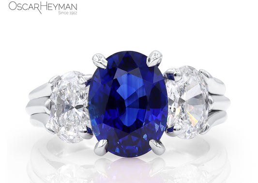 Certified Sri Lanka Vivid Blue Sapphire Ring with Oval Cut Diamond Sides