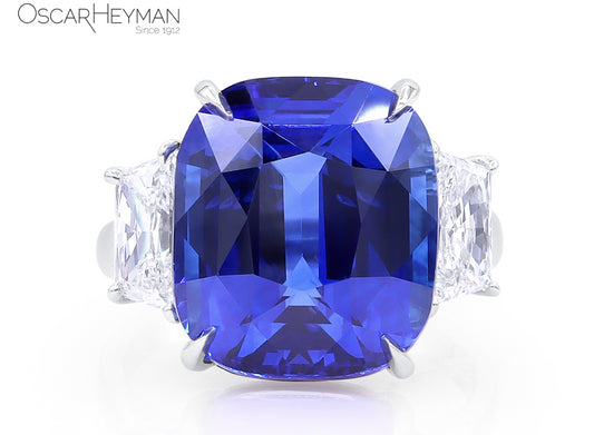 Certified Ceylon (Sri Lanka) Vivid Royal Blue Sapphire Ring with Trapezoid Cut Diamond Sides