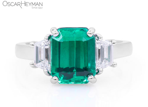 Certified Zambia Vivid Green Emerald Ring with Step Trapezoid Cut Diamond Sides