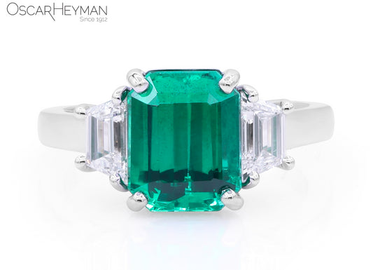 Certified Zambia Vivid Green Emerald Ring with Step Trapezoid Cut Diamond Sides