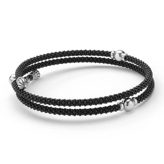 Black Caviar Black Ceramic Beaded Silver Station Double Wrap Bracelet