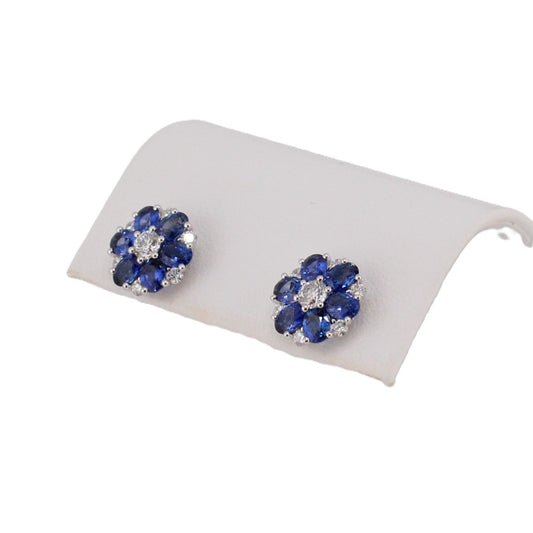 Blue Sapphire and Diamond Flower Earrings