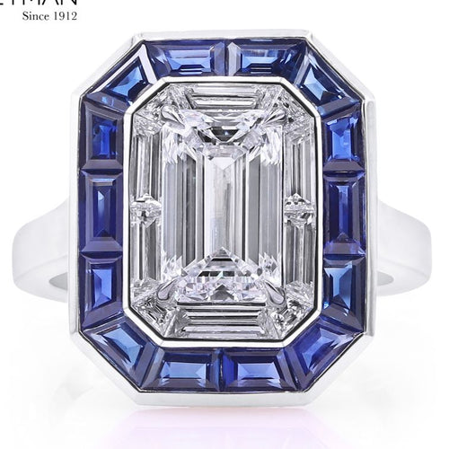 GIA Certified Emerald Cut Diamond with Blue Sapphire and Diamond Frame Ring