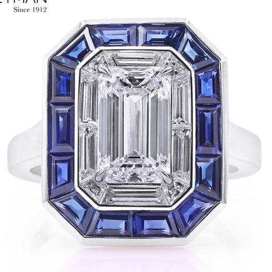 GIA Certified Emerald Cut Diamond with Blue Sapphire and Diamond Frame Ring