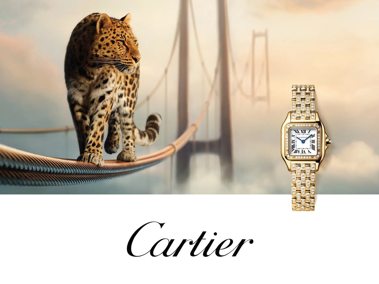 Cartier logo with a jaguar above a bridge and the watch model